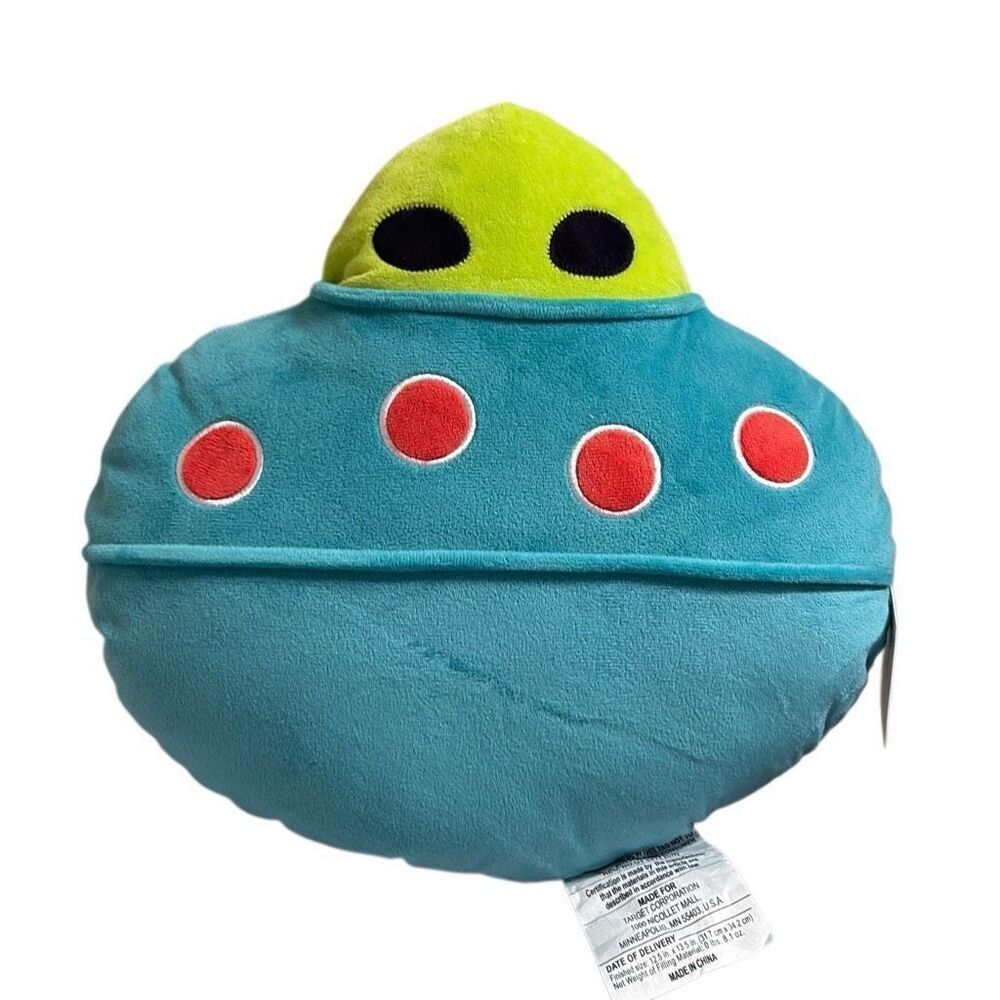 Target Alien Spaceship UFO Green Blue Stuffie Decorative Pillow 13" x 13" NWOT‎